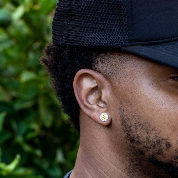 Iced Round Mens Cz Gold 925 Sterling Silver Circle Hip Hop Nugget Stud Earrings - Picture 5 of 5